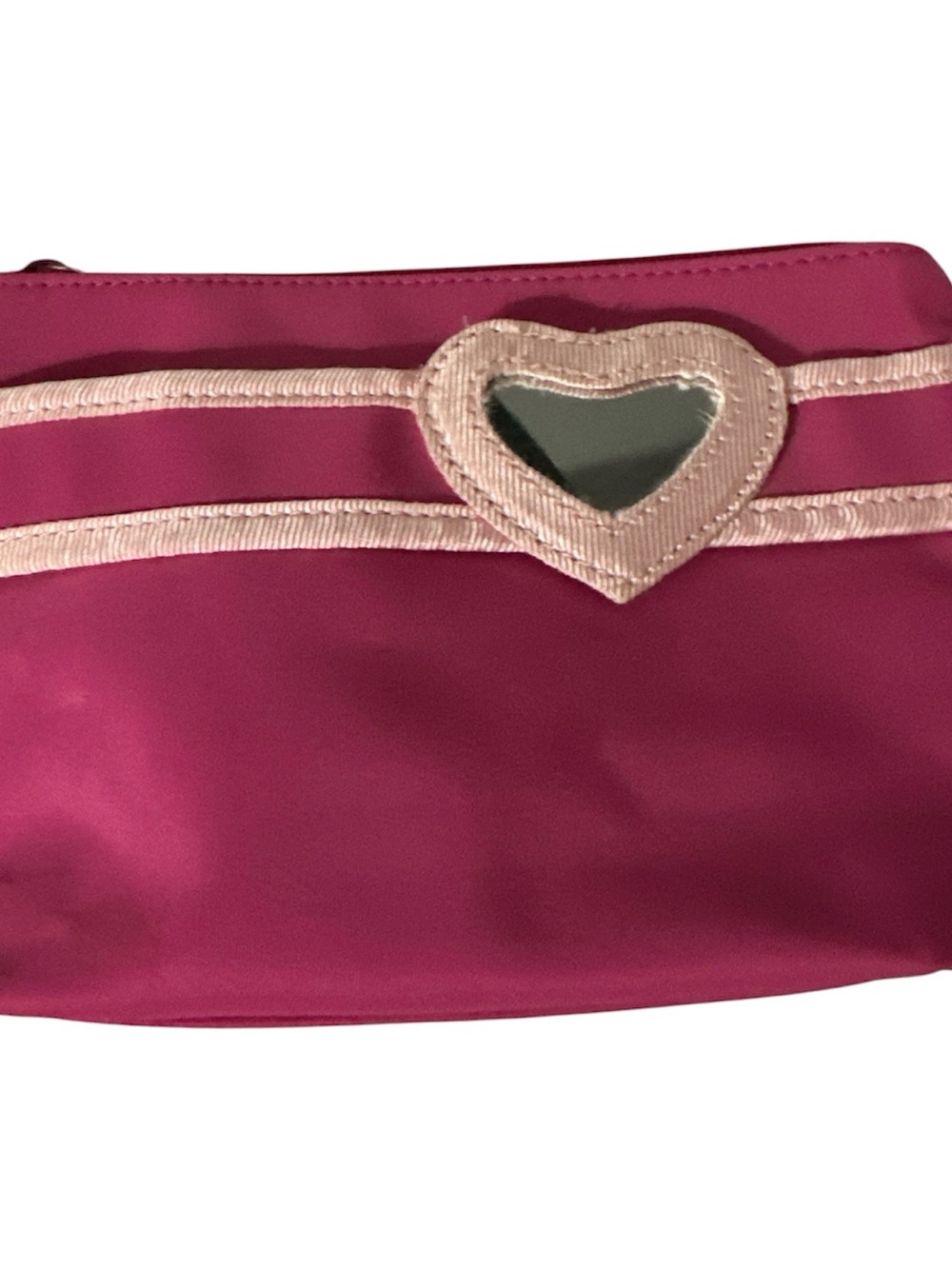 CC Boutique Fuchsia Cosmetic Pouch with Pale Pink Heart Trim and mirror like new